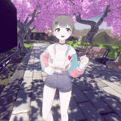Girl In Shorts And Choker In Front Of Tree With Purple Flowers GIF