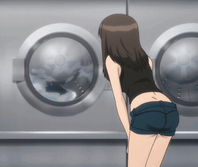 Girl In Shorts Looking At Washing Machine GIF
