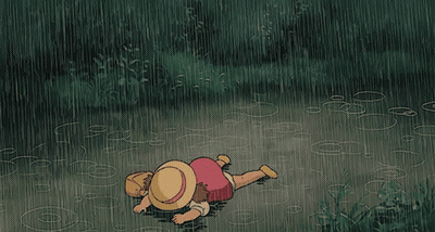 Girl In Straw Hat Lying In Rain GIF