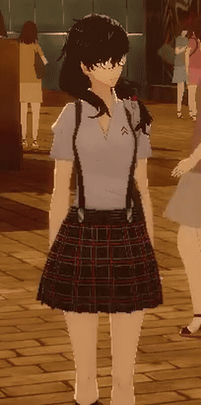 Girl In Suspenders And Plaid Skirt On Wooden Floor GIF