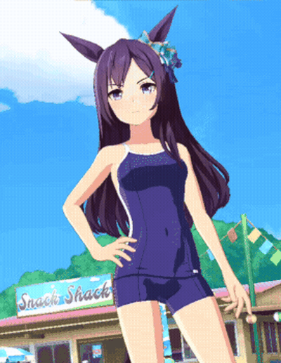 Girl In Swimsuit Standing In Front Of Snack Shack GIF