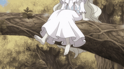 Girl In White Dress Sitting Barefoot On Tree Branch GIF