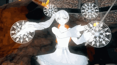 Girl In White Dress Surrounded By Snowflake Circles GIF