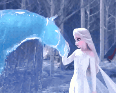 Girl In White Dress Touching Blue Ice Sculpture GIF