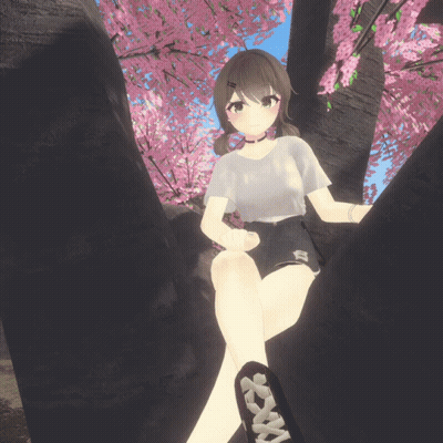 Girl In White Shirt Under Pink Flower Tree GIF