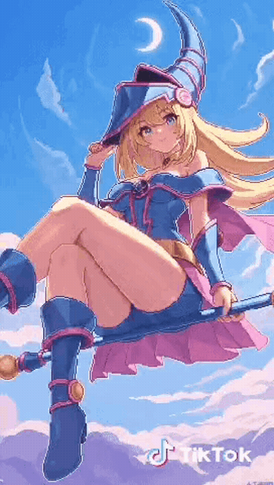 Girl In Witch Costume On Broom With Crescent Moon GIF