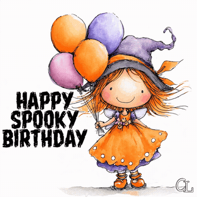 Girl In Witch Hat Holding Balloons Happy Spooky Birthday GIF