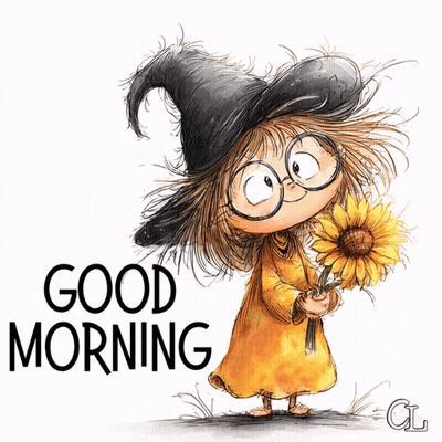 Girl In Witch Hat Holding Sunflower Saying Good Morning GIF