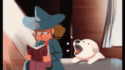 Girl In Witch Hat Reading Book Next To Dog GIF