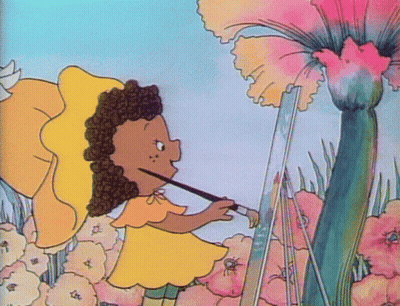 Girl In Yellow Dress Painting Flower On Canvas GIF
