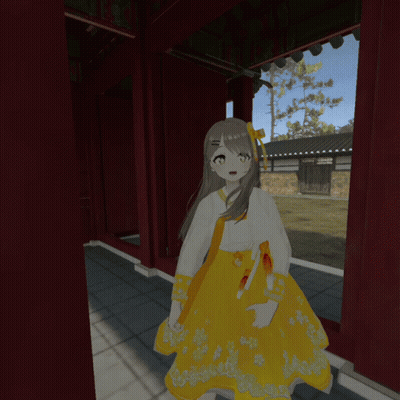 Girl In Yellow Dress Standing In Front Of Red Building GIF