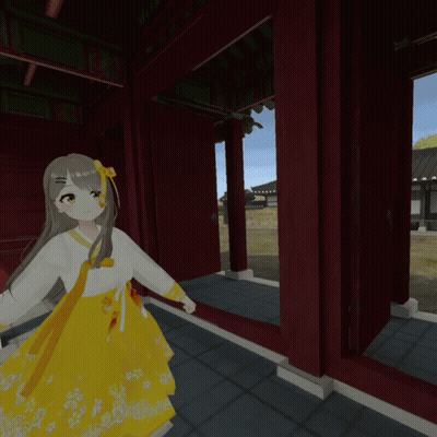 Girl In Yellow Dress Standing In Hallway With Red Pillars GIF