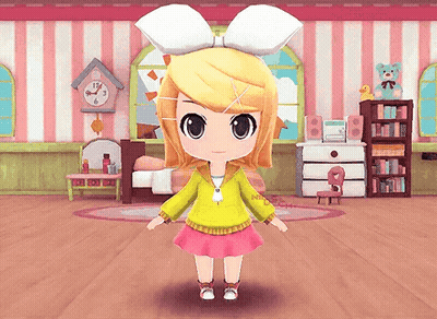 Girl In Yellow Sweater And Pink Skirt In Room With Clock GIF