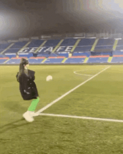 Girl Kicking Soccer Ball With Giraffe On Stands GIF