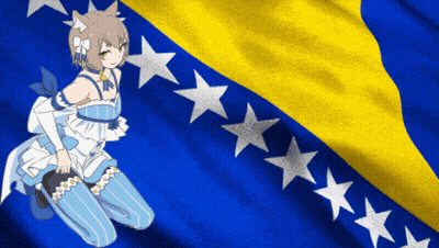 Girl Kneeling In Front Of Blue And Yellow Flag With Stars GIF