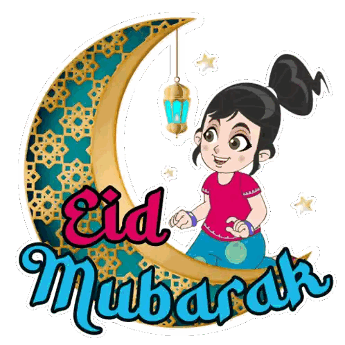 Girl Kneeling On Crescent Moon Eid Mubarak Sticker