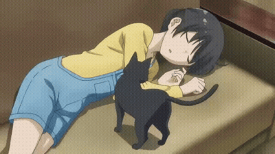 Girl Laying On Couch With Black Cat On Lap GIF