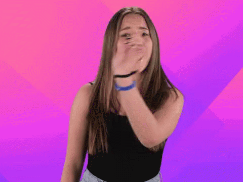 Girl Making Funny Face With Word No On Pink And Purple Background GIF