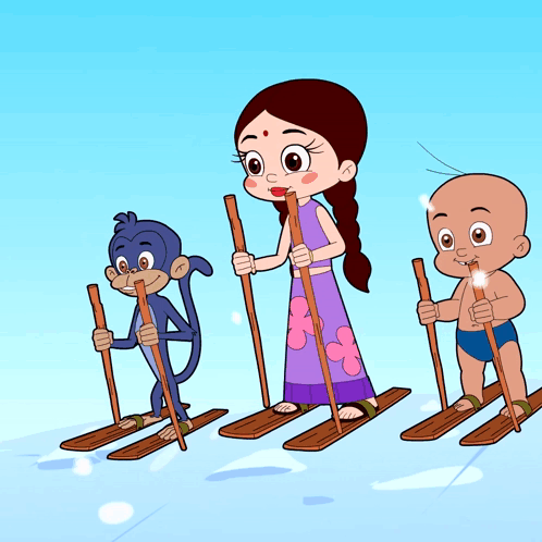 Girl Monkey And Baby Skiing GIF