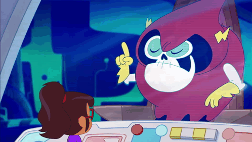 Girl Next To Cartoon Character With Skull On Face GIF