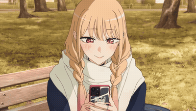 Girl On Bench Looking At Phone With Aoa Case GIF