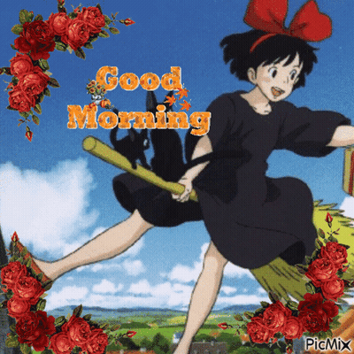 Girl On Broom Saying Good Morning GIF