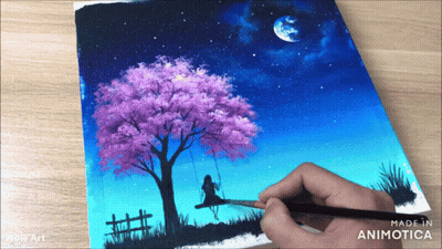 Girl On Swing Under Purple Tree GIF
