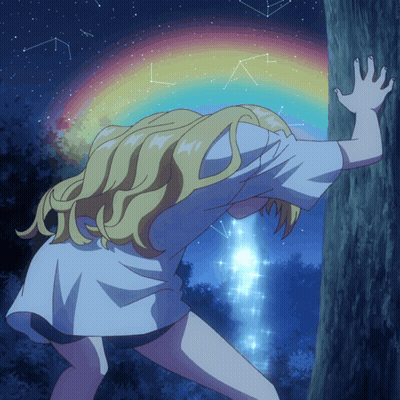 Girl Reaching For Tree With Rainbow GIF