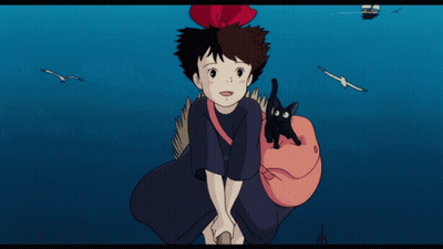 Girl Riding Broom With Cat On Back GIF