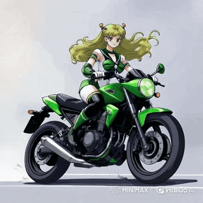 Girl Riding Green Motorcycle Minimax GIF
