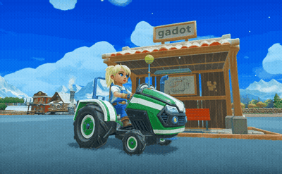 Girl Riding Green Tractor In Front Of Gadot Sign GIF