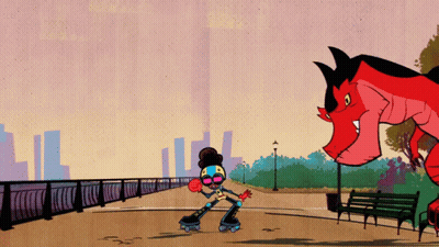 Girl Rollerblading Next To Dinosaur GIF