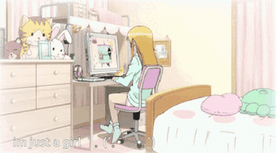 Girl Sitting At Computer Saying Im Just A Girl GIF