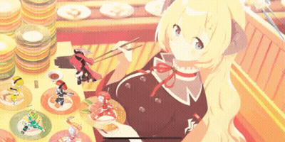 Girl Sitting At Table With Food And Toys GIF