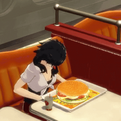 Girl Sitting At Table With Tray Of Food And Drink GIF
