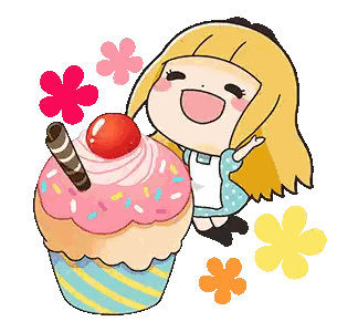 Girl Sitting Next To Cupcake With Cherry Sticker