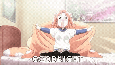 Girl Sitting On Bed With Arms Outstretched Saying Goodnight GIF