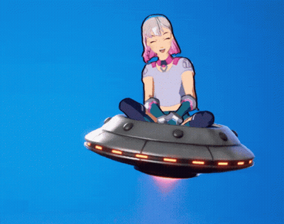 Girl Sitting On Flying Saucer In Sky GIF