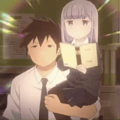 Girl Sitting on Man's Shoulders While He Reads Book
