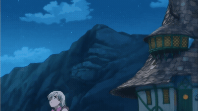 Girl Standing Before Mountain And Tower GIF