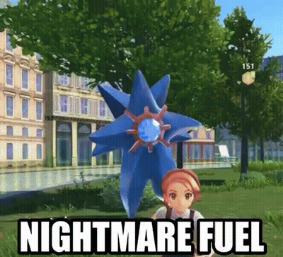 Girl Standing In Front Of Blue Pokemon Saying Nightmare Fuel GIF