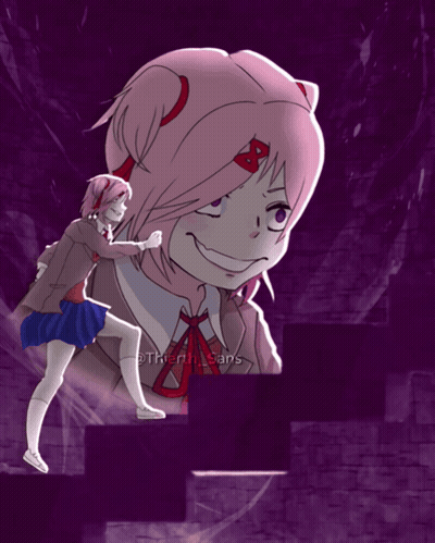 Girl Standing Next To Giant Girl Smiling Purple Background GIF