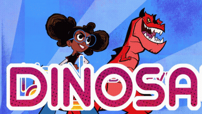 Girl Standing Next To Red Dinosaur GIF