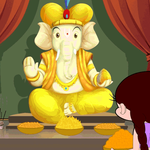 Girl Stands In Front Of Statue Of Elephant GIF