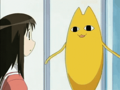 Girl Staring At Yellow Character With Black Eye GIF