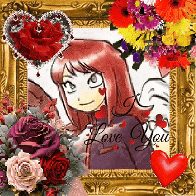 Girl Surrounded By Flowers And Hearts Saying I Love You GIF