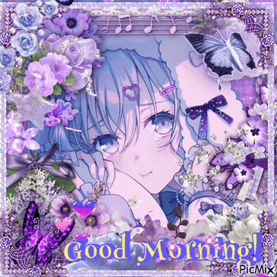 Girl Surrounded By Purple Flowers Saying Good Morning GIF