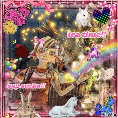 Girl Surrounded By Unicorns And Rabbits Saying Tea Time GIF