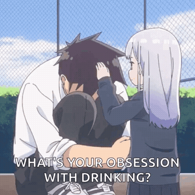Girl Touching Man's Head With What's Your Obsession With Drinking GIF