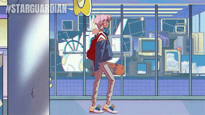 Girl Walking With Skateboard In Front Of Starguardian Window GIF